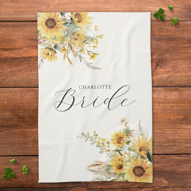 Elegant Rustic Watercolor Sunflower Floral Bride Kitchen Towel (In situ)