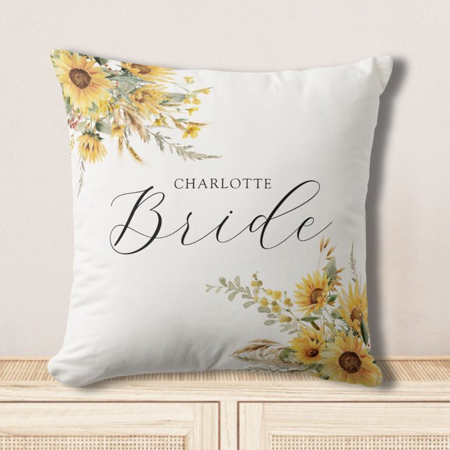 Elegant Rustic Watercolor Sunflower Floral Bride Throw Pillow (In situ)