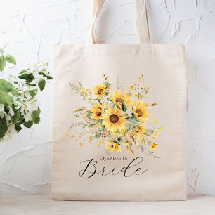 Elegant Rustic Watercolor Sunflower Floral Bride Tote Bag