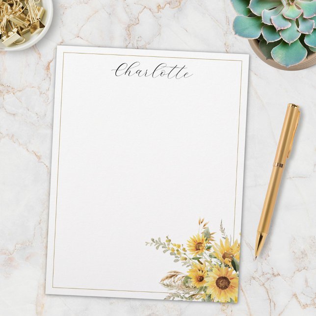 Elegant Rustic Watercolor Sunflower Floral Letterhead (In situ)