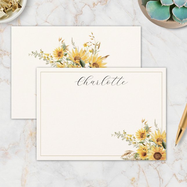 Elegant Rustic Watercolor Sunflower Floral Note Card (In situ)