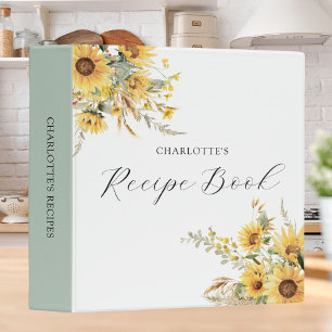 Elegant Rustic Watercolor Sunflower Floral Recipe  3 Ring Binder