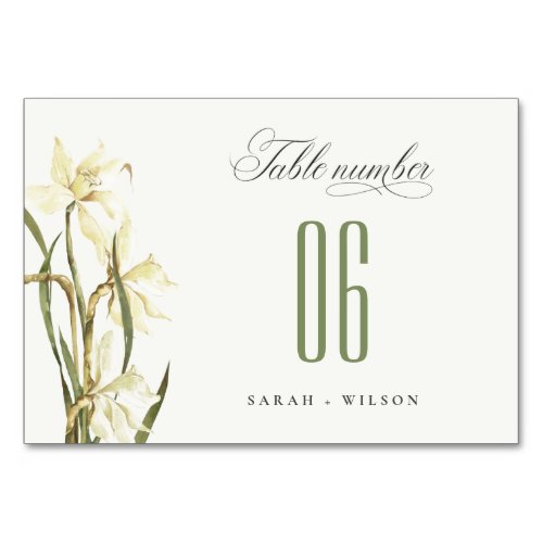 Elegant Rustic Watercolor White Daffodil Wedding Table Number