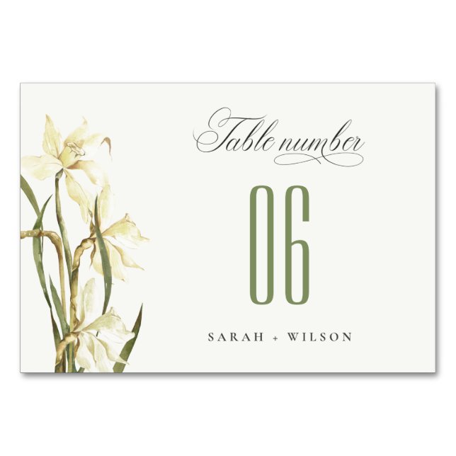 Elegant Rustic Watercolor White Daffodil Wedding Table Number (Front)