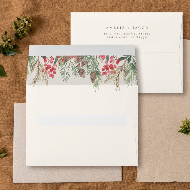 Elegant Rustic Watercolor Winter Greenery Wedding Envelope (Creator Uploaded)