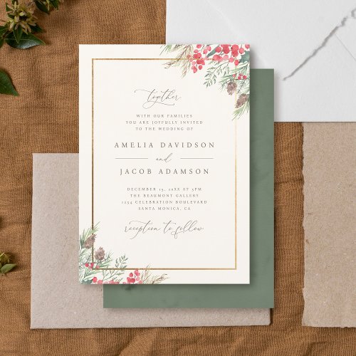 Elegant Rustic Watercolor Winter Greenery Wedding Invitation