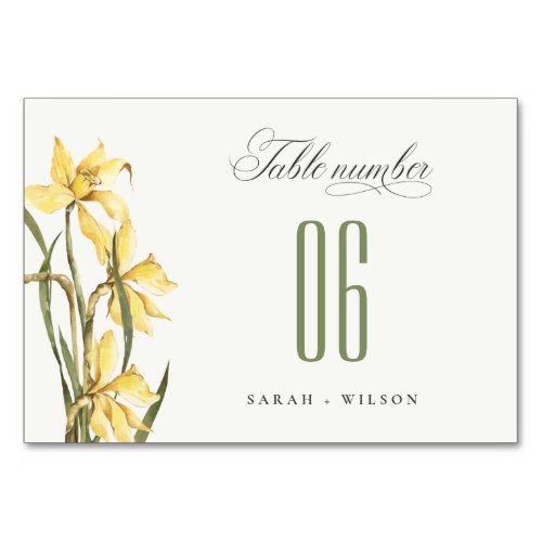 Elegant Rustic Watercolor Yellow Daffodil Wedding Table Number