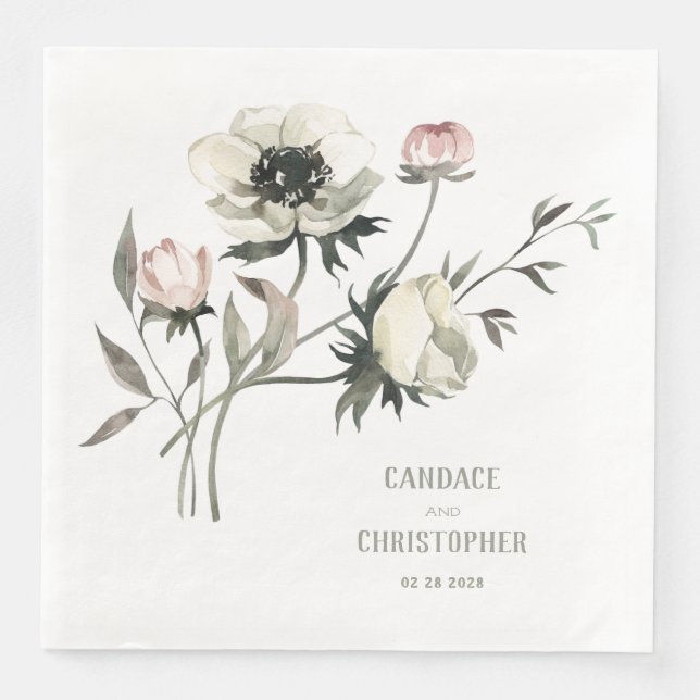 Elegant Rustic White Anemones Floral Paper Dinner Napkins (Front)