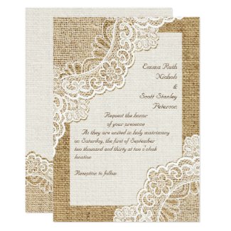 Elegant rustic white corner lace on burlap wedding invitation