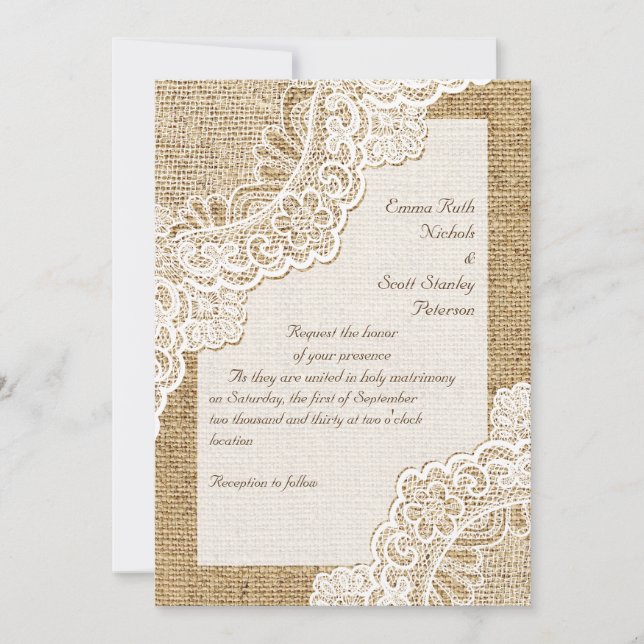 Elegant rustic white corner lace on burlap wedding invitation (Front)