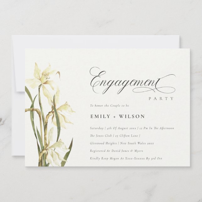 Elegant Rustic White Daffodil Engagement Invite (Front)