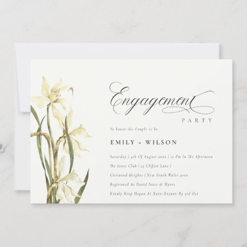 Elegant Rustic White Daffodil Engagement Invite