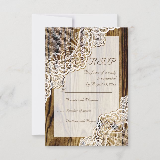 Elegant rustic white lace on wood wedding RSVP (Front)