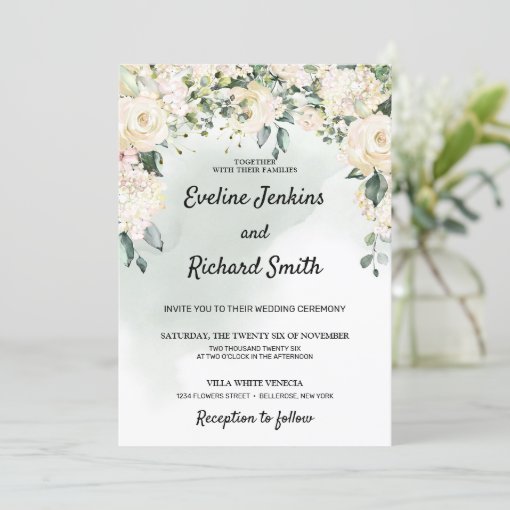 Elegant rustic white roses floral greenery wedding invitation | Zazzle