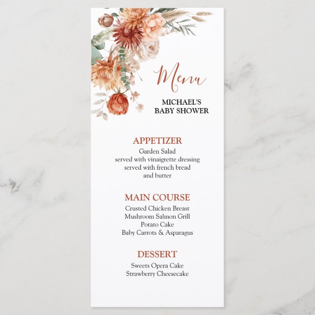 Elegant Rustic Wildflower Fall in Love Baby Shower Menu (Front)