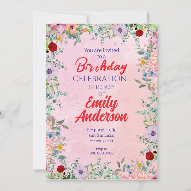 Elegant Rustic Wildflower Frame Birthday  Invitation (Front)