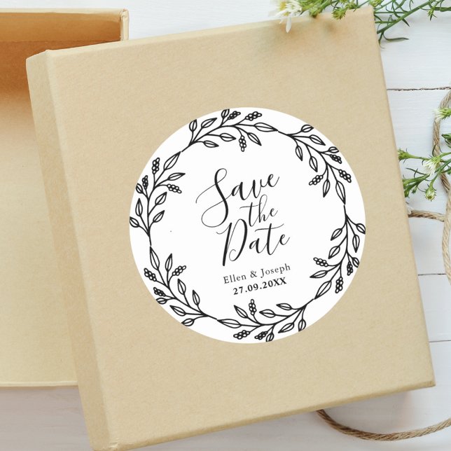 Elegant Rustic Wildflower Wedding Save The Date Classic Round Sticker (Elegant wildflower sticker makes wedding announcements feel personal and beautifully styled.)