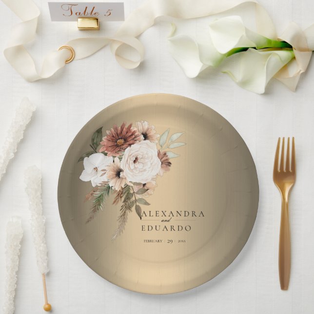 Elegant Rustic Wildflowers Gold Wedding Paper Plates (Wedding)