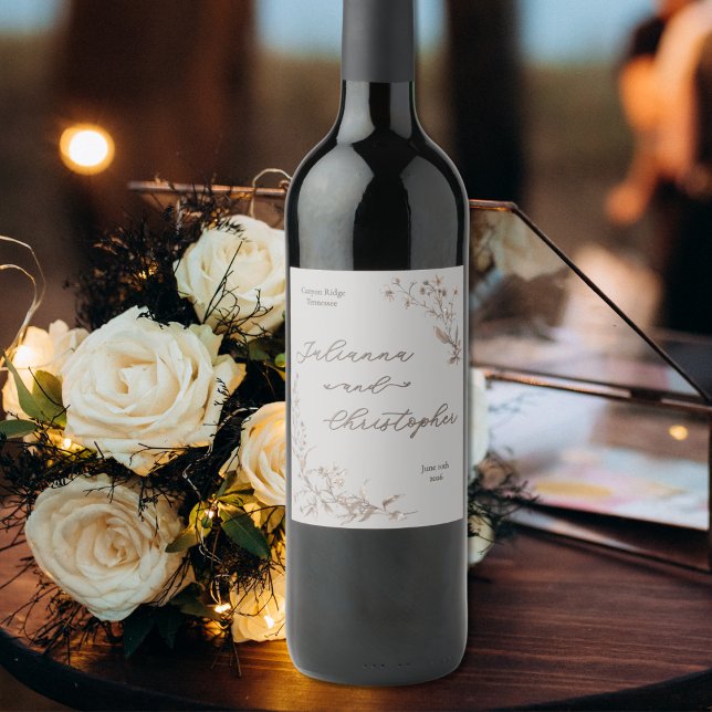 Elegant Rustic Wildflowers Script Silver Wine Label (Creator Uploaded)