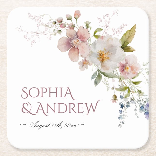 Elegant Rustic Wildflowers Wedding Square Paper Coaster (Front)