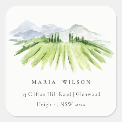 Elegant Rustic Winery Vineyard Mountain Address Square Sticker