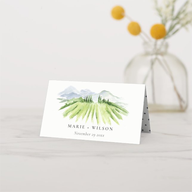 Elegant Rustic Winery Vineyard Mountain Wedding Place Card (Front)