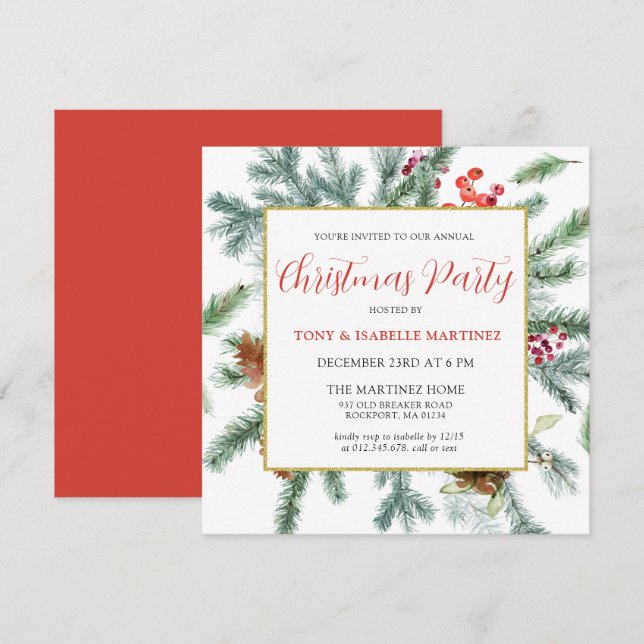 Elegant Rustic Winter Botanical Christmas Party In Invitation (Front/Back)