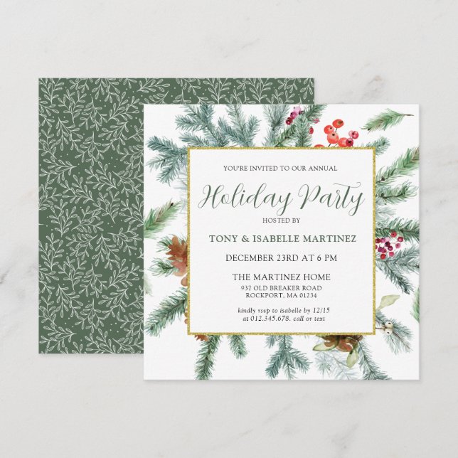 Elegant Rustic Winter Botanical Holiday Party Invi Invitation (Front/Back)