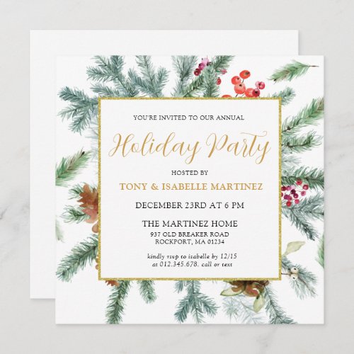 Elegant Rustic Winter Botanical Holiday Party Invitation