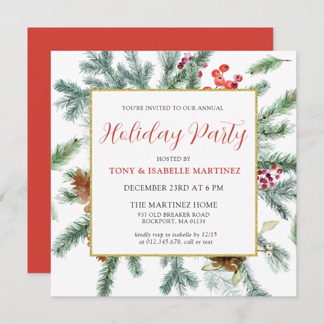 Elegant Rustic Winter Botanical Holiday Party Invitation (Front/Back)