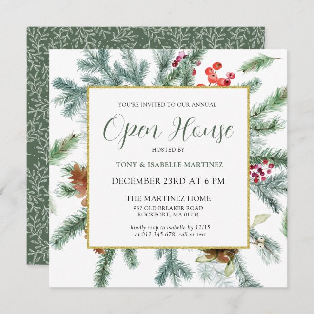 Elegant Rustic Winter Botanical Open House Invitation (Front/Back)