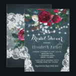 Elegant rustic winter floral lace bridal shower invitation<br><div class="desc">Winter rustic bridal shower party stylish invitation template on a dark navy blue chalkboard featuring a beautiful red wine burgundy and white peony roses bouquet with hunter green seasonal foliage, strings of white twinkle lights, lace corners, and a chic calligraphy script. Easy to personalize with your details! The invitation is...</div>