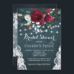 Elegant rustic winter floral lace bridal shower invitation<br><div class="desc">Winter rustic bridal shower party stylish invitation template on a dark navy blue chalkboard featuring a beautiful red wine burgundy and white peony roses bouquet with hunter green seasonal foliage, strings of white twinkle lights, lace corners, and a chic calligraphy script. Easy to personalize with your details! The invitation is...</div>