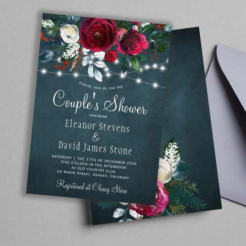 Elegant rustic winter floral navy couples shower invitation
