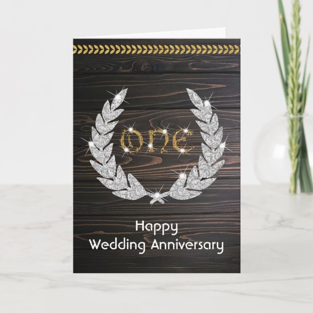 Elegant Rustic Wood 1st Wedding Anniversary  Card (Front)