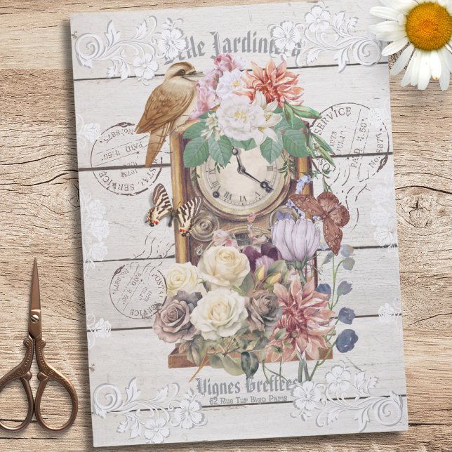 Elegant rustic wood Antique clock floral French Tissue Paper (Creator Uploaded)