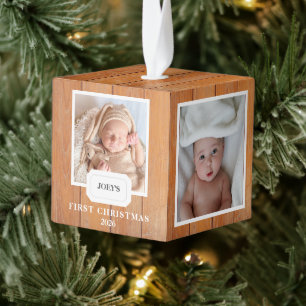 Elegant Rustic Wood Baby First Christmas 4 Photo Cube Ornament