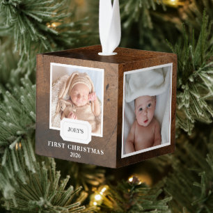 Elegant Rustic Wood Baby First Christmas 4 Photo Cube Ornament