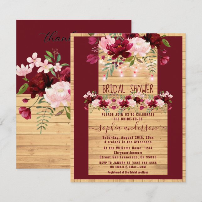 Elegant Rustic Wood & Blush Floral Bridal Shower Invitation (Front/Back)