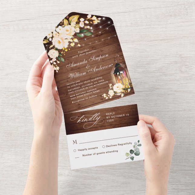 Elegant Rustic Wood Blush Roses Wedding All In One Invitation (Tearaway)