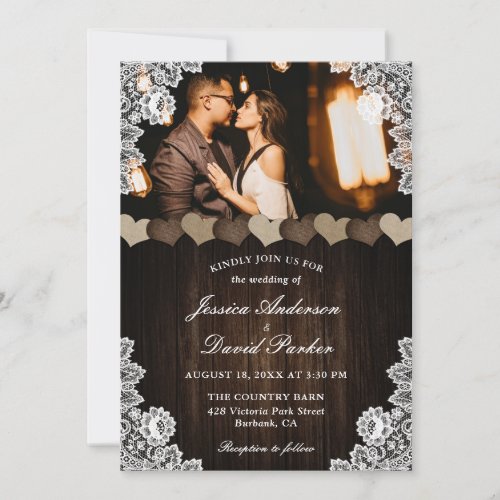 Elegant Rustic Wood Burlap Lace Photo Wedding Invitation