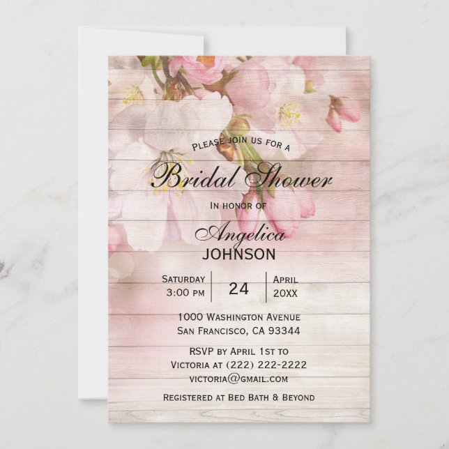 Elegant Rustic Wood Cherry Blossom Bridal Shower Invitation (Front)