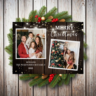 Elegant Rustic Wood Christmas Family 2 Photo Holiday Card