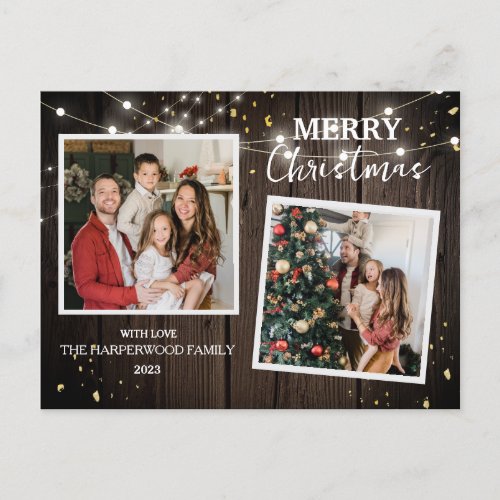 Elegant Rustic Wood Christmas Family 2 Photo Holiday Postcard