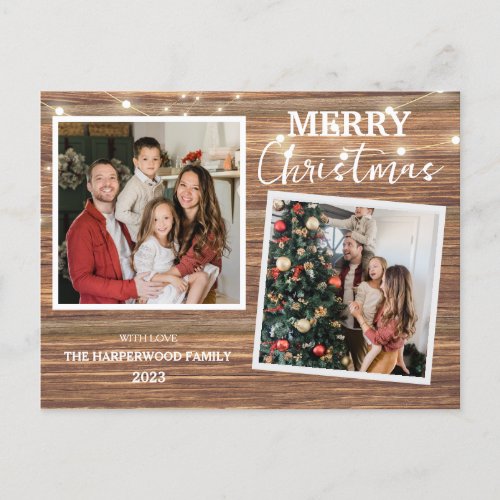 Elegant Rustic Wood Christmas Family 2 Photo Holiday Postcard