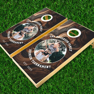 Elegant Rustic Wood Custom Family Photo Text Cornhole Set