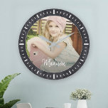 Elegant Rustic Wood Custom Name Photo  Large Clock<br><div class="desc">Perfect keepsake gift for grandparents! Forget boring clocks, Nana and Papa deserve a masterpiece! This rustic beauty features their cozy farmhouse vibes with weathered woodgrain. Picture this: their grandchild's names carved in elegant script, framed by a loving photo of the kid. It's more than timekeeping, it's a warm hug on...</div>