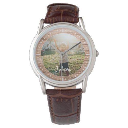 Elegant Rustic Wood Custom Name Photo Watch