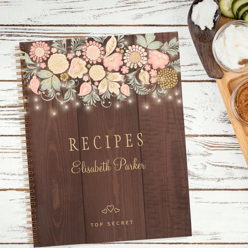 Elegant rustic wood floral cookbook recipes notebook