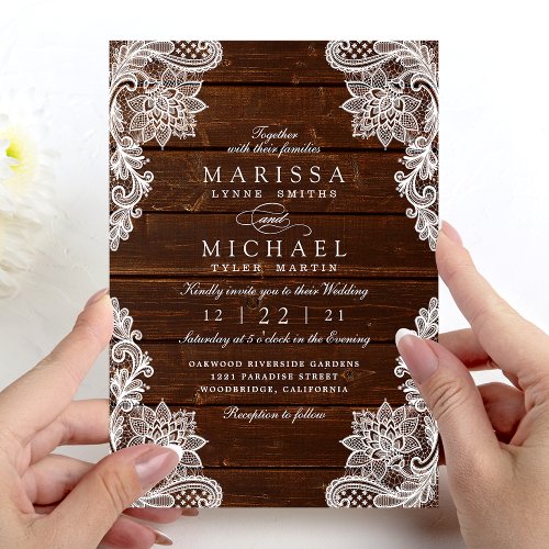 Elegant Rustic Wood Floral Lace Wedding Invitation